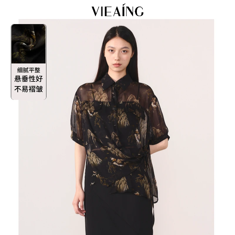 VIEA.ING薇迎夏季新款优雅通勤翻领印花微透短袖衬衫130392000009