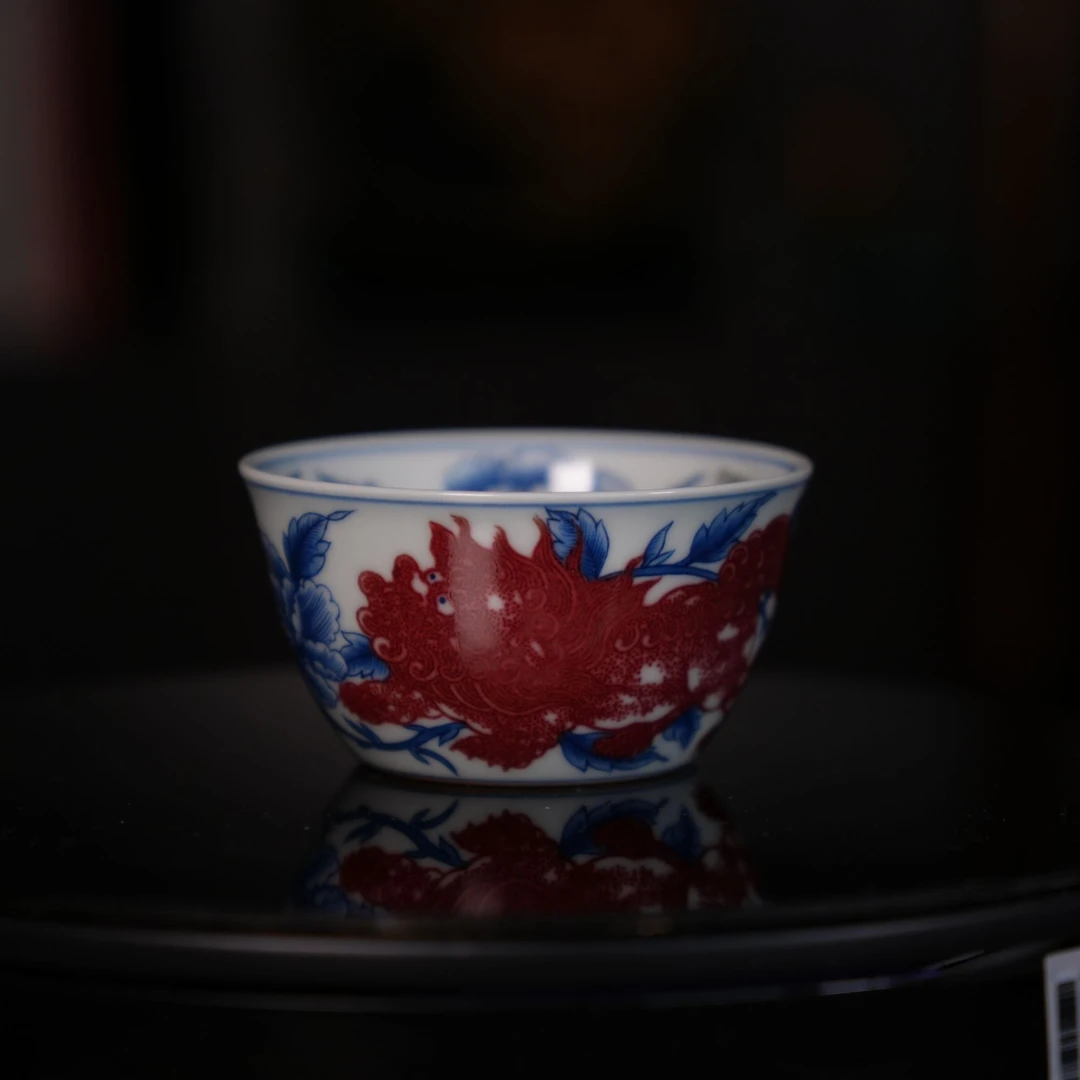 九悠阁严选-景德镇高端瓷器-澄怀堂-四相牡丹青花釉里红双狮杯100