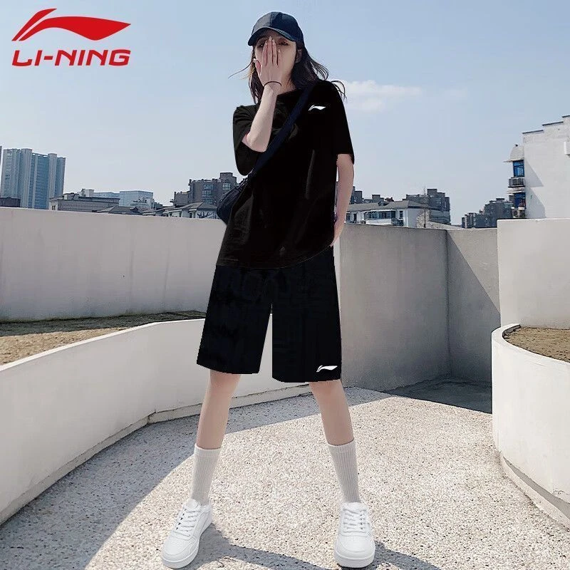 李宁速干衣女套装短袖短裤两件套夏季训练服瑜伽健身跑步运动装