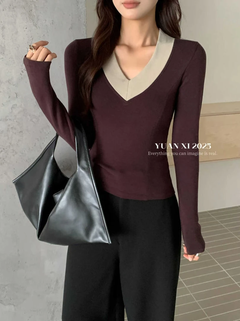 气质V领秋冬【加绒锁温】韩版设计感打底衫长袖女百搭修身显瘦t恤