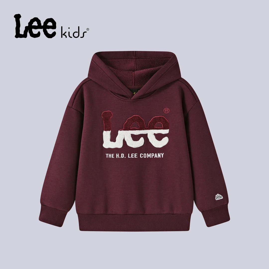 Leekids儿童加绒卫衣毛圈绣连帽圆领女童卫衣冬季套头男童上衣
