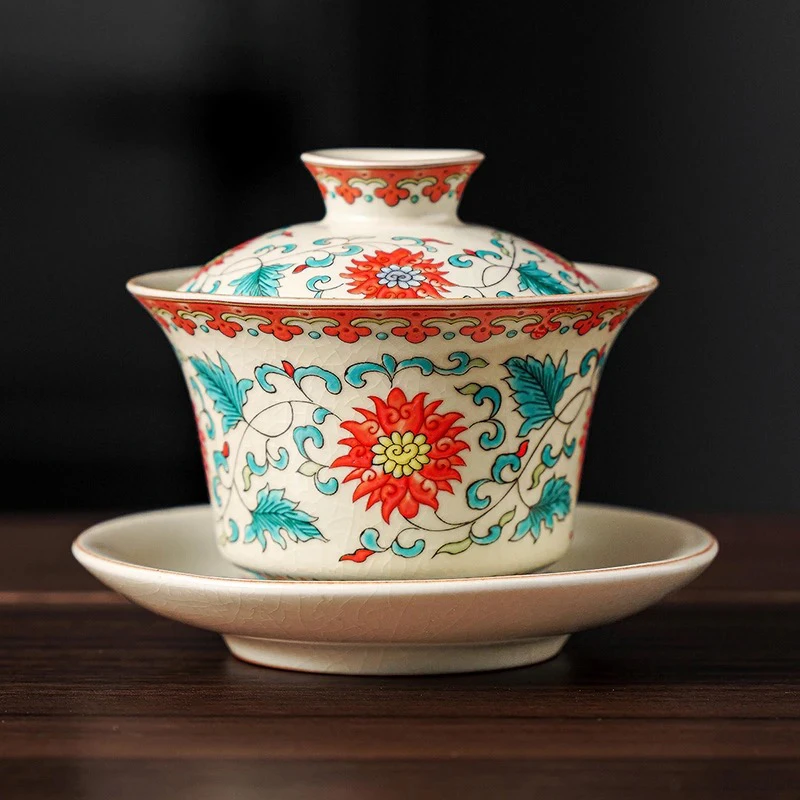 满花汝窑三才盖碗家用办公室泡茶碗陶瓷可悬停不烫手功夫茶杯喝茶