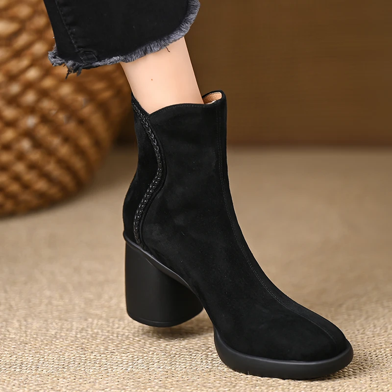 7厘米羊反绒复古粗跟短靴女防水台小个子增高显瘦短筒靴子不累脚