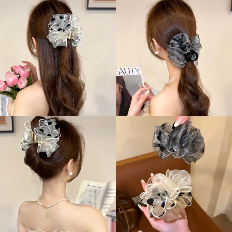 2025新款韩系超仙头饰波点蝴蝶结抓夹后脑勺饱满花朵发夹新鲨鱼夹