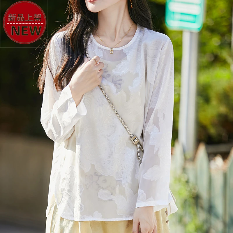 2025新款时尚圆领复古国风提花微透宽松透气舒适优雅气质百搭上衣