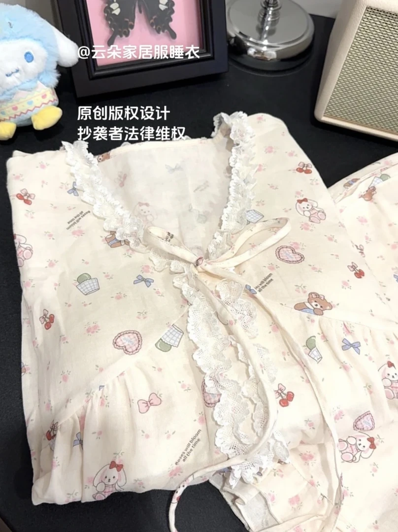 【小狗乐园双层棉纱】100%棉 蕾丝V领带胸垫 家居服套装