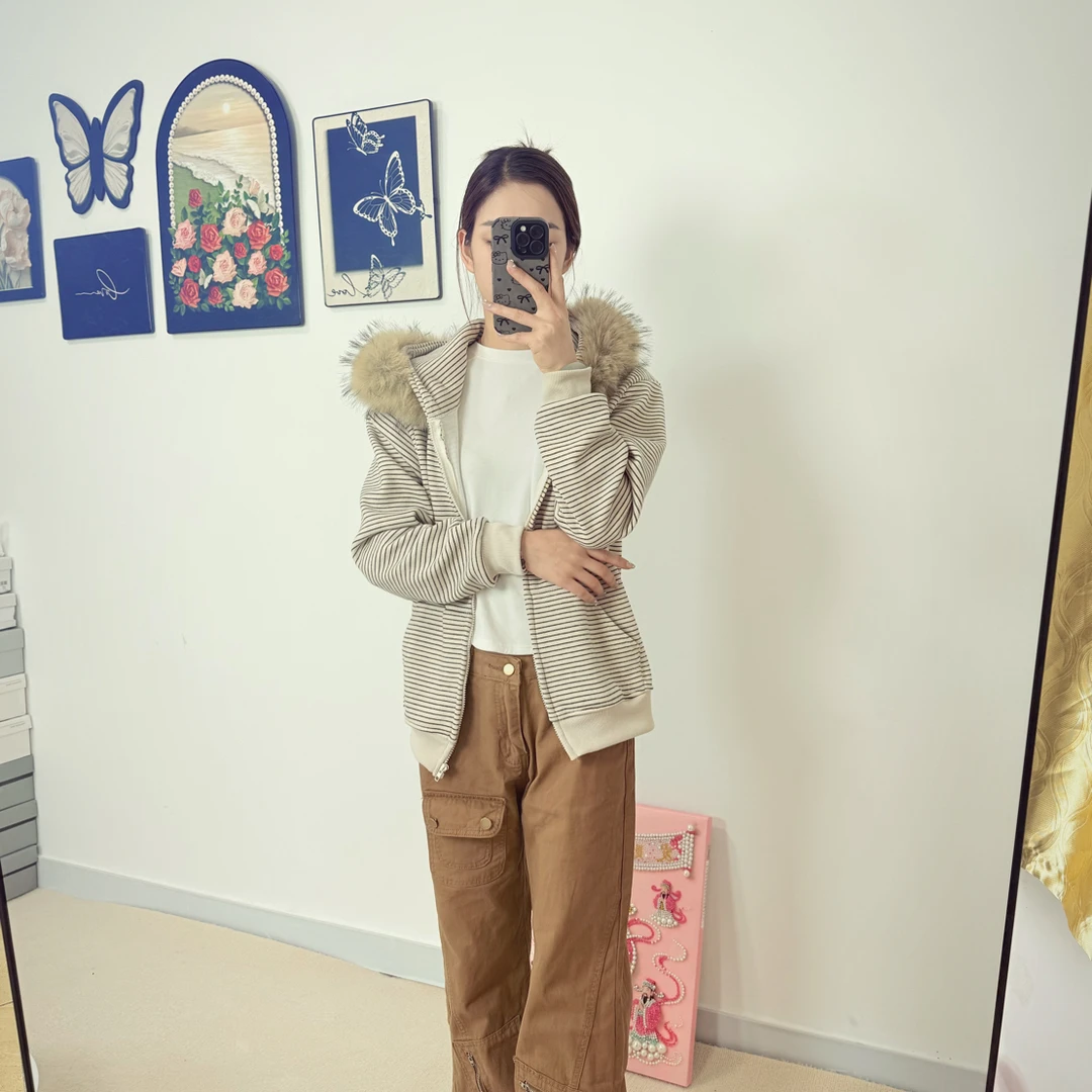 千鸟格常规不褪色卫衣保暖连帽毛领秋冬秋季条纹韩版