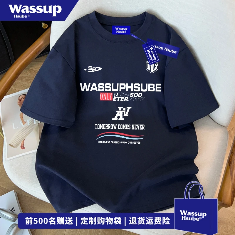 WASSUP HSUBE欧美休闲百搭字母T恤男夏季重磅纯棉短袖圆领上衣女
