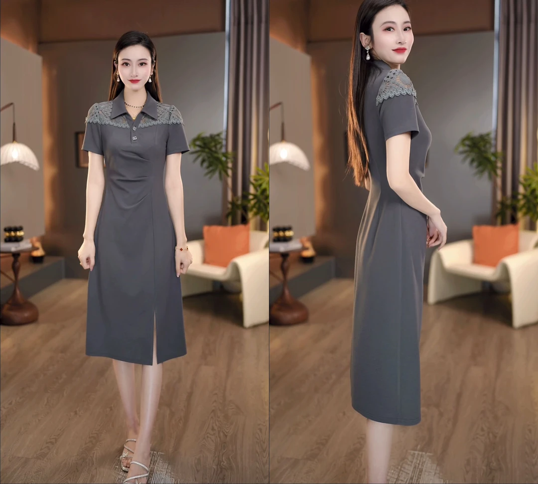 2025夏季灰色翻领钩花衬衫裙收腰显瘦活力减龄连衣裙M-4XL