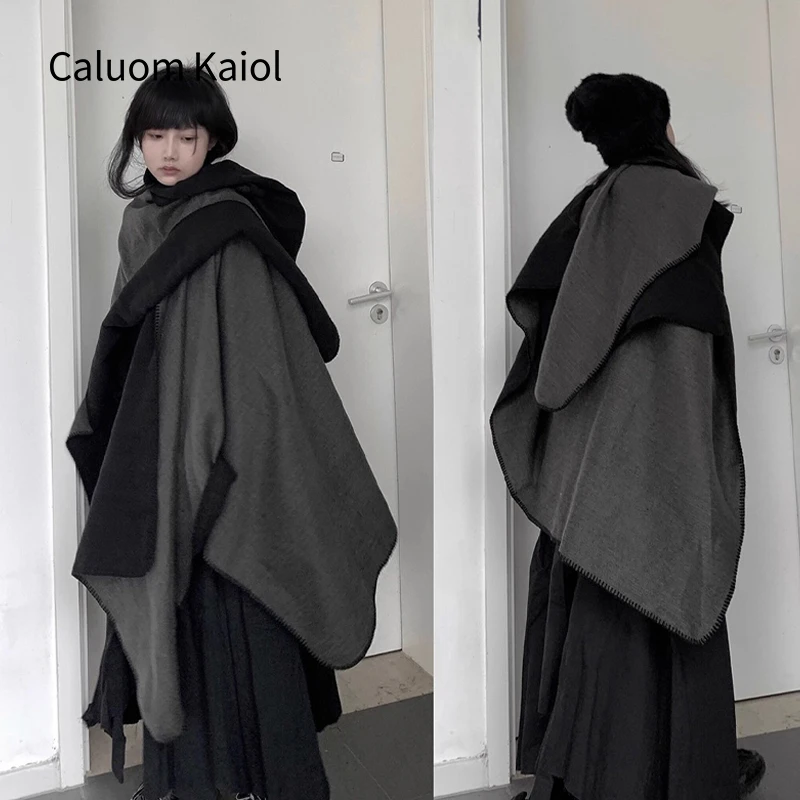 Caluom Kaiol女士双面外搭围巾秋冬加厚斗篷旅游空调毛毯式大披肩