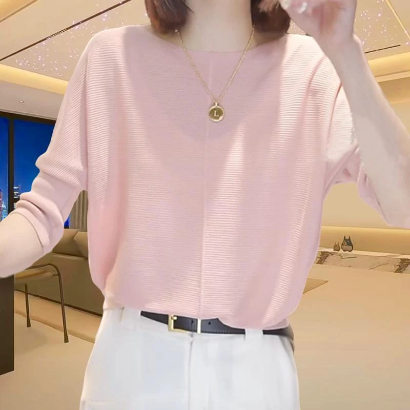 一字肩薄款针织衫气质百搭减龄大码洋气宽松遮肉七分袖上衣女