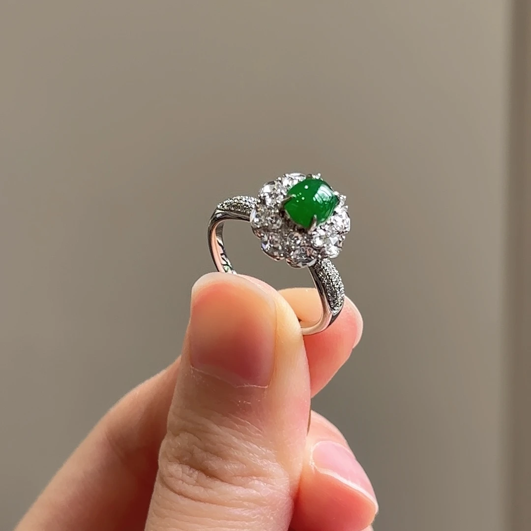 翡翠18K金镶嵌戒指14圈翡翠戒指多人不退不换