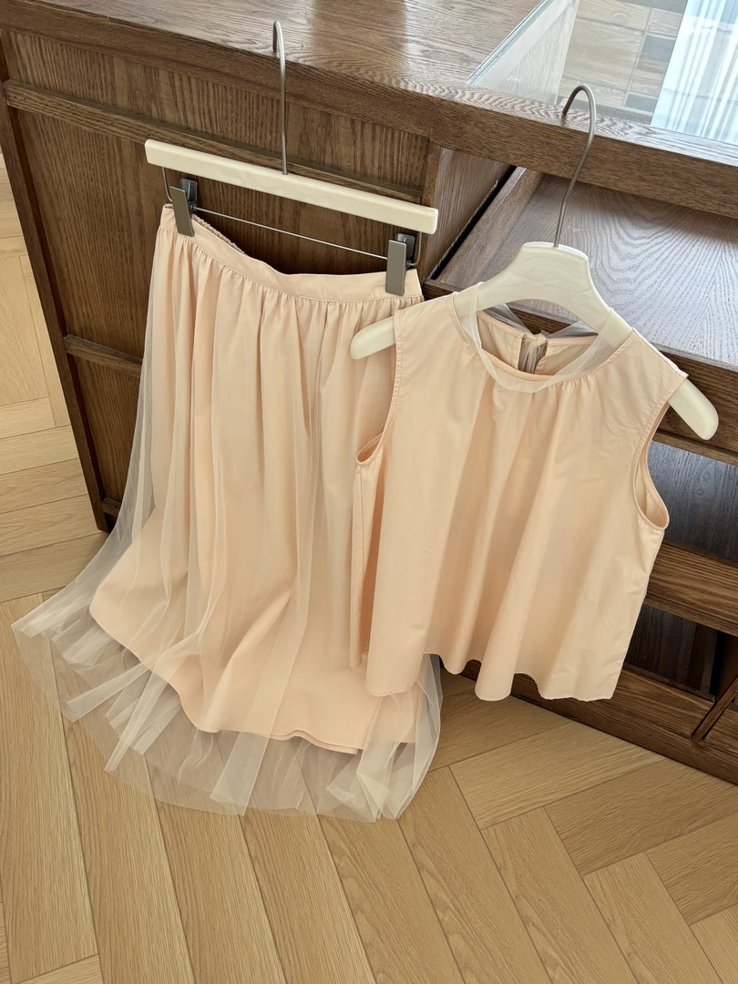 韩系温柔无袖背心小衫+网纱拼接半身裙两件套2025夏季新款套装女