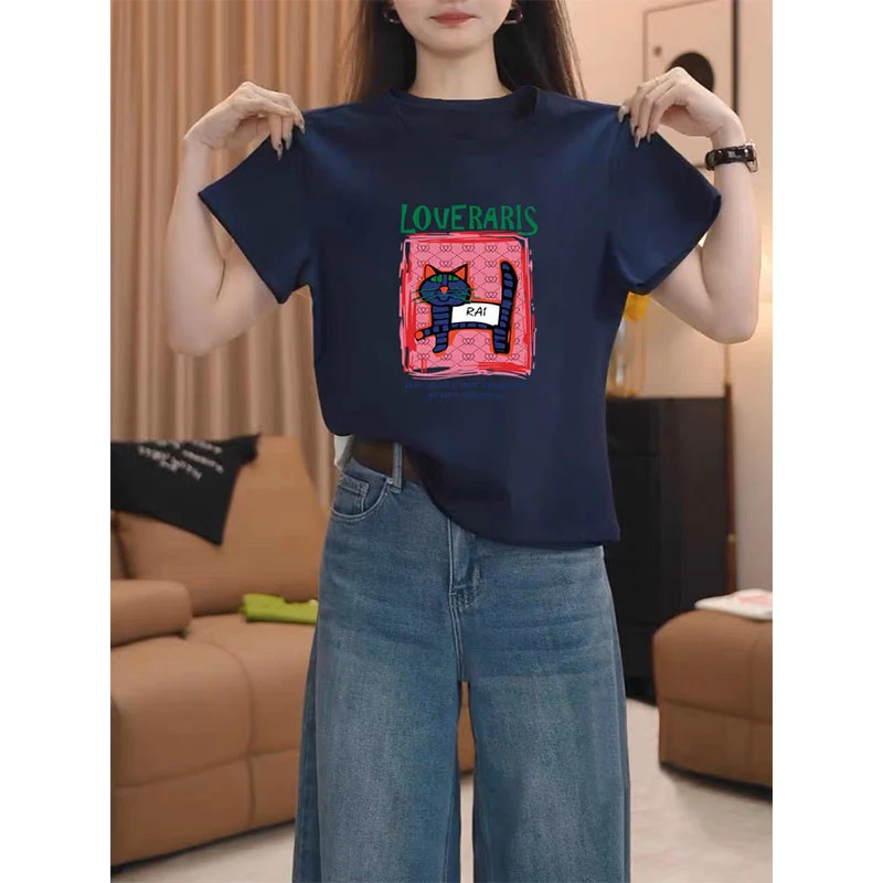 夏季爆款藏青色正肩圆领短袖t恤女装ins洋气时尚百搭薄款上衣潮