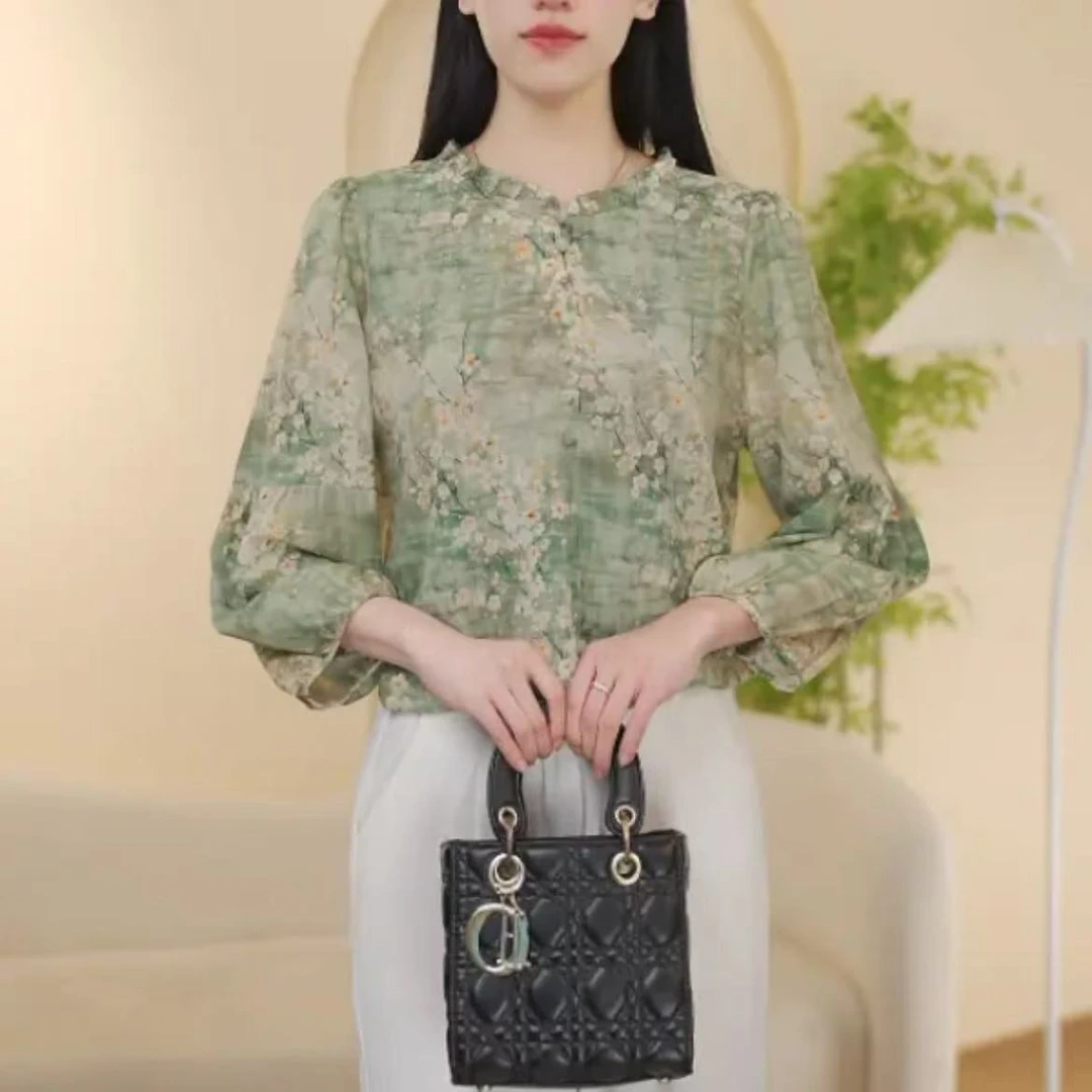2025春夏新款复古气质优雅上衣女士印花百搭修身显瘦小衫时尚洋气