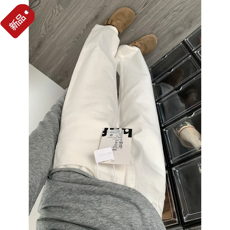 白色直筒牛仔裤女春秋2025年新款小个子窄版阔腿高腰宽松拖地裤子