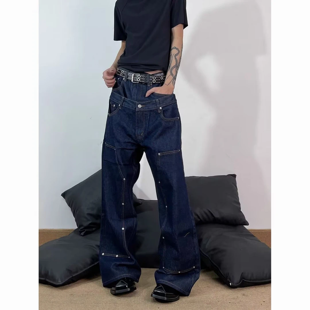 NIETPXFO 双腰头撞钉复古原牛Baggy宽松直筒阔腿休闲伐木牛仔裤男