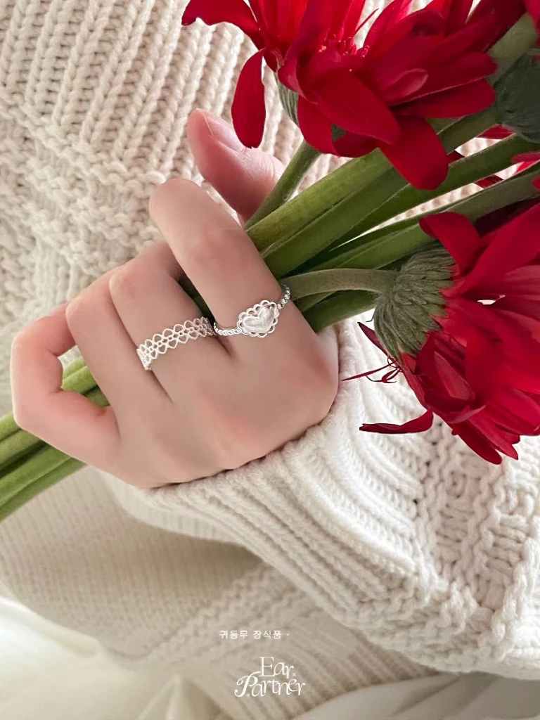 925银戒指 925纯银蕾丝爱心戒指女轻奢高级开口可调节食指戒指环