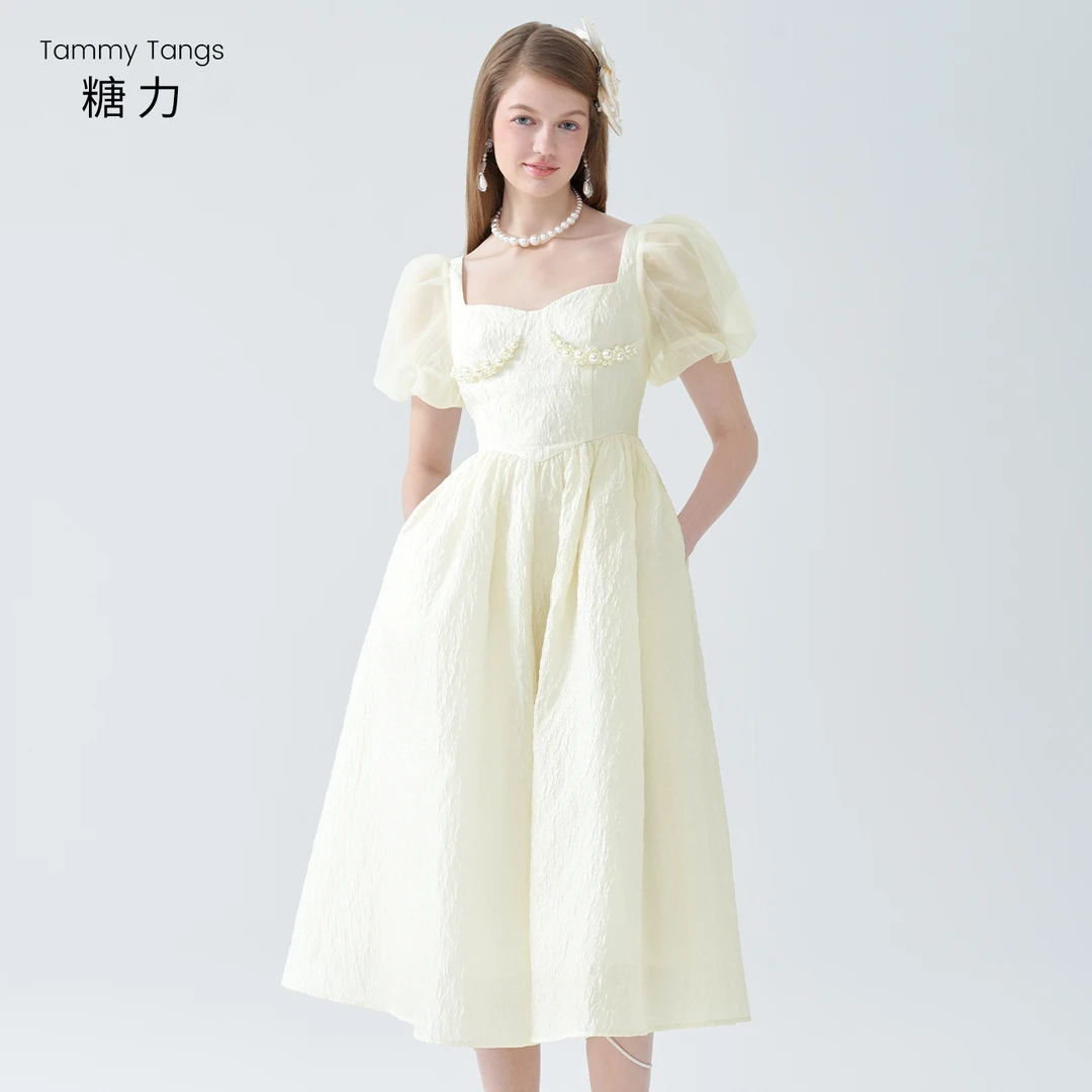 【官号专属】糖力手工钉珠收腰提花连衣裙中长款夏