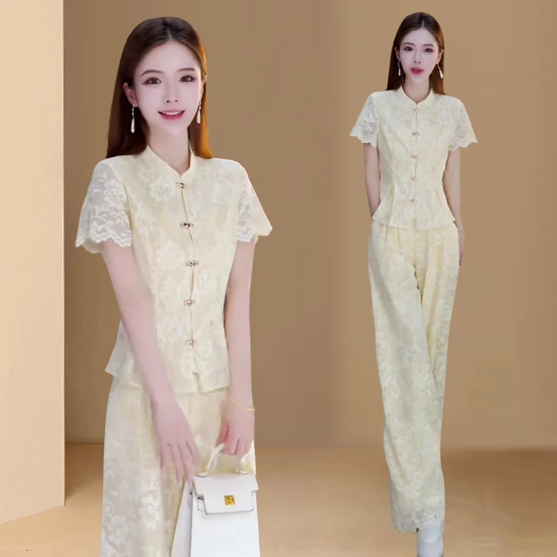 复古简约时尚套装女2025年夏季新款显瘦遮肉上衣高腰直筒裤两件套