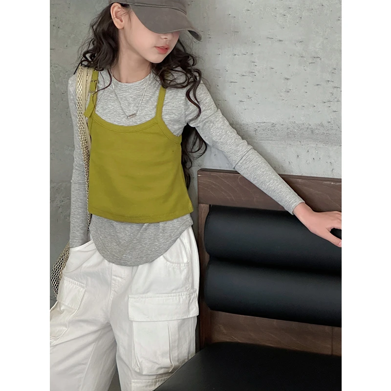 K28144叠穿女童上衣套装2025春装新款儿童时尚长袖修身两件套春秋