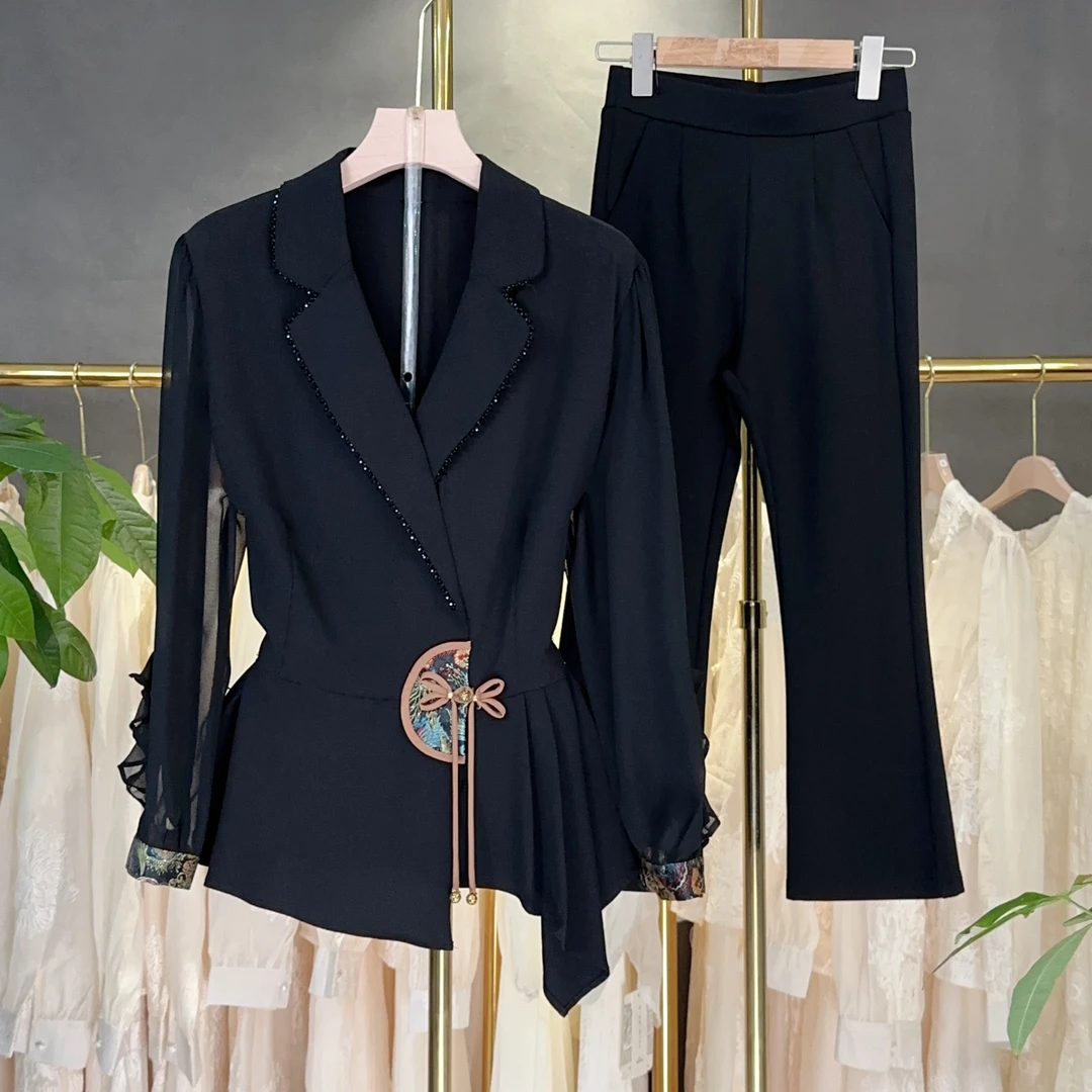 【RG5696】2025年新款气质休闲时尚减龄百搭显瘦收腰设计师黑色套装