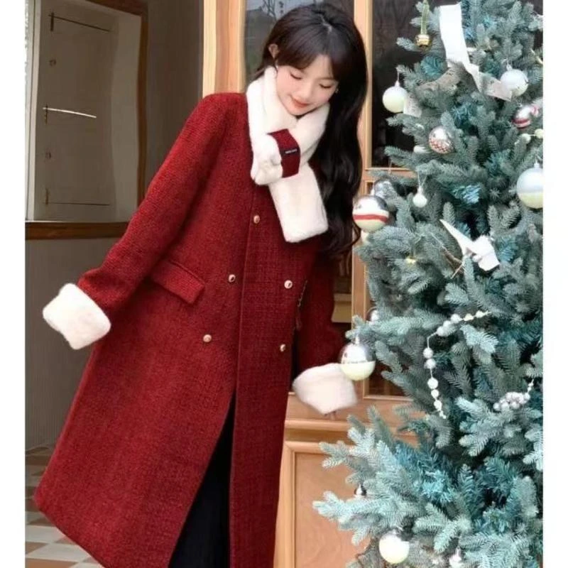 秋冬气质复古小香风红色毛呢加棉外套女新年双排扣长款过膝呢大衣