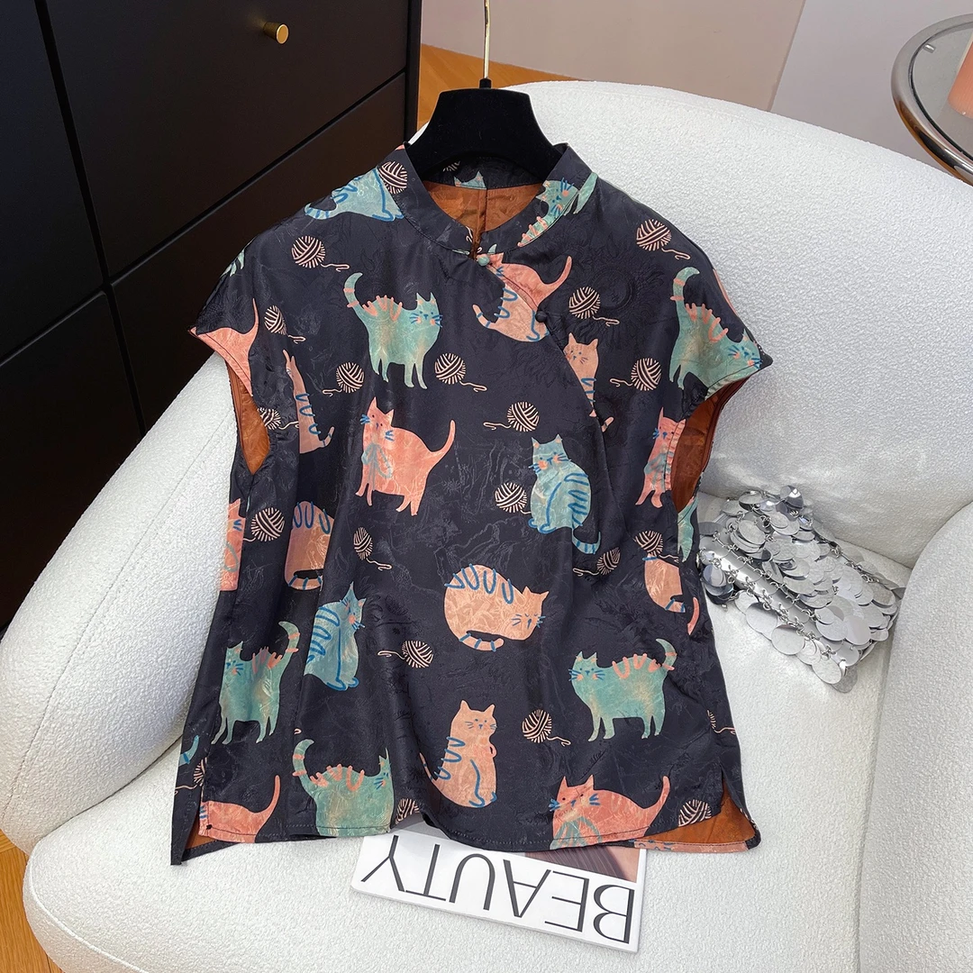 新中式国风猫咪印花飞飞袖衬衫女夏2025复古宽松盘扣气质小衫上衣