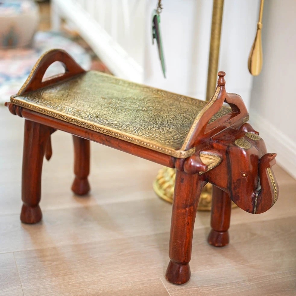 【奇居铜饰】东南亚复古芒果木单头象鼻凳换鞋凳#07010100051暗