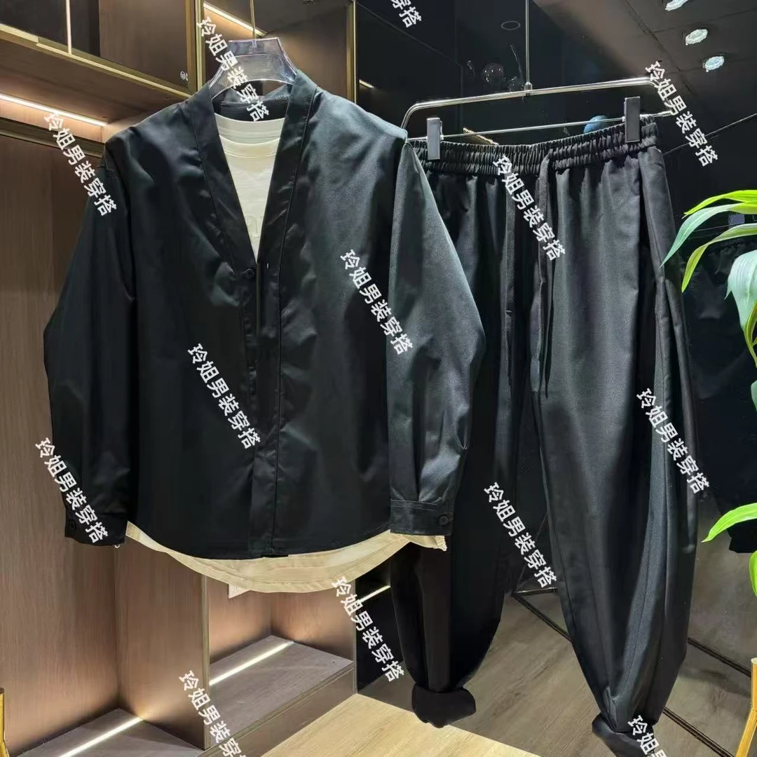 夏季简约纯色V领高级感男士外套松紧腰休闲裤时尚潮男套装两件套