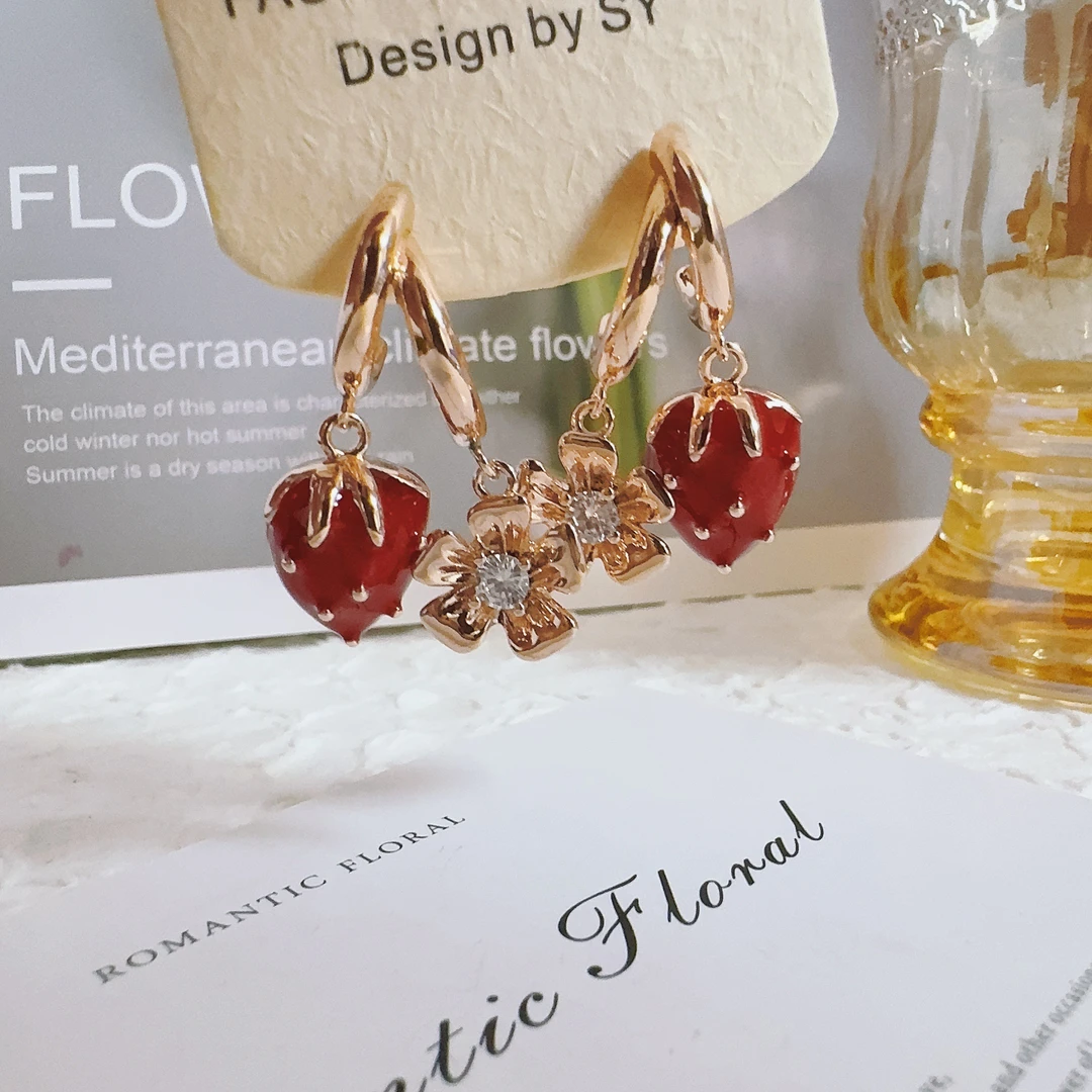 铜合金仿水晶耳饰 8055 玫瑰金色草莓耳钉