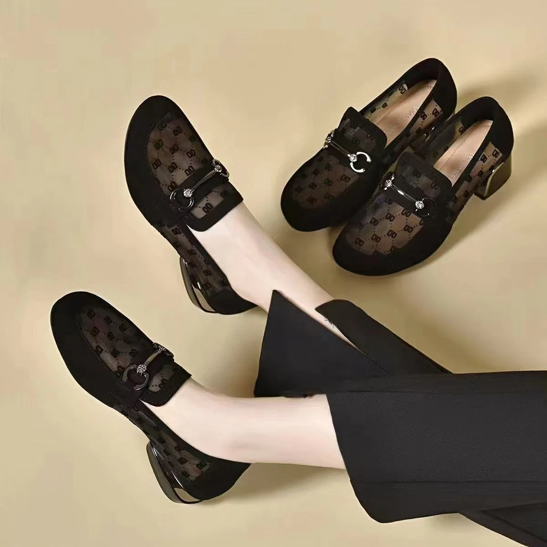 单鞋女2025年新款夏季镂空网纱软皮女鞋低跟软底豆豆鞋透气乐福鞋