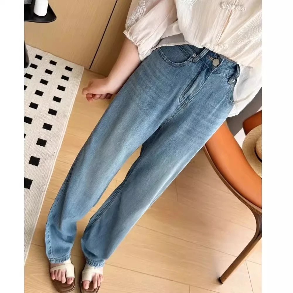 凉感天丝莱赛尔阔腿直筒牛仔裤女2025年新款夏季薄款女士垂感裤子