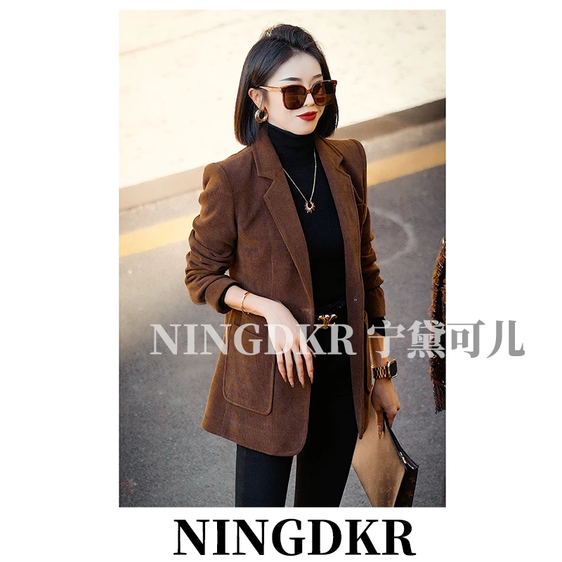 宁B40914高级感复古气质显瘦灯芯绒西装外套女士修身休闲小西服