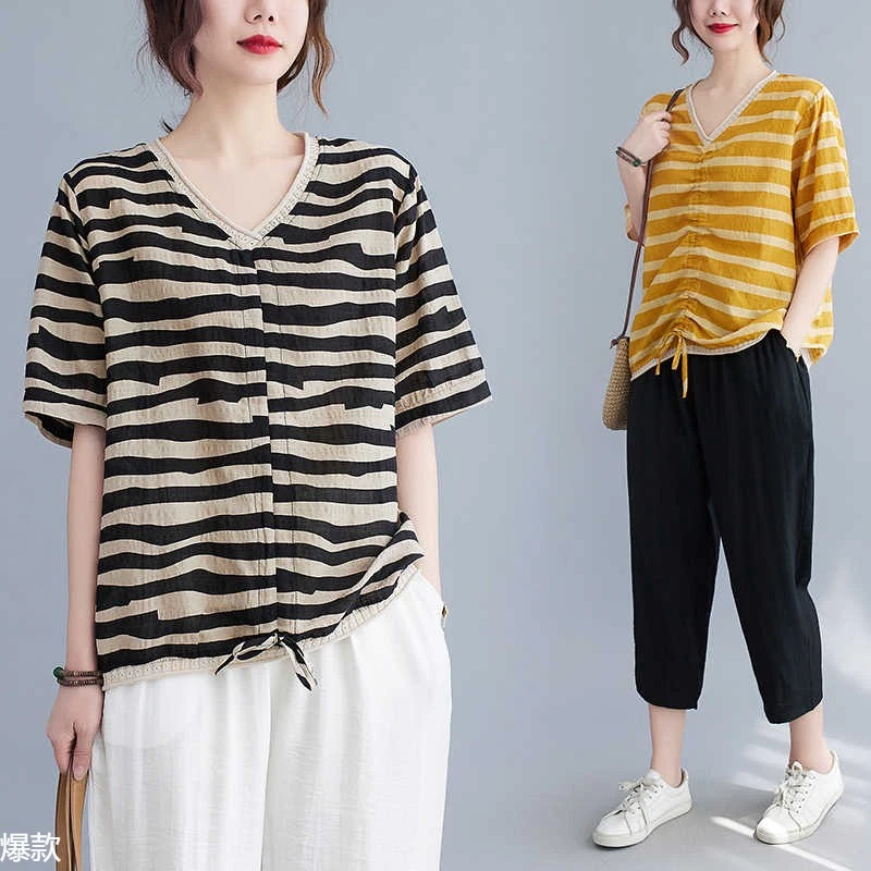 大码胖显瘦套装女夏季时尚领抽绳短袖恤休闲九分裤棉麻两件套