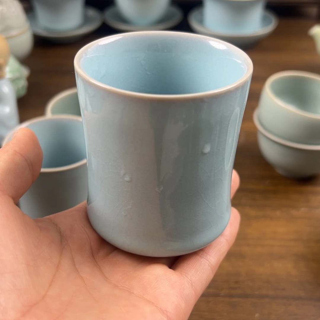 瓷摆件天青釉水束腰杯微瑕
