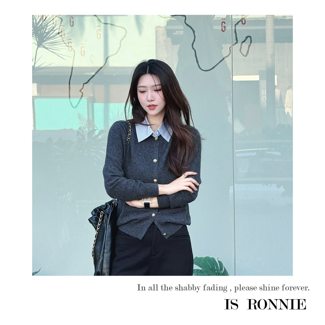 Is Ronnie【Office Lady】100%羊毛拼接衬衣领针织毛衣开衫GC588969