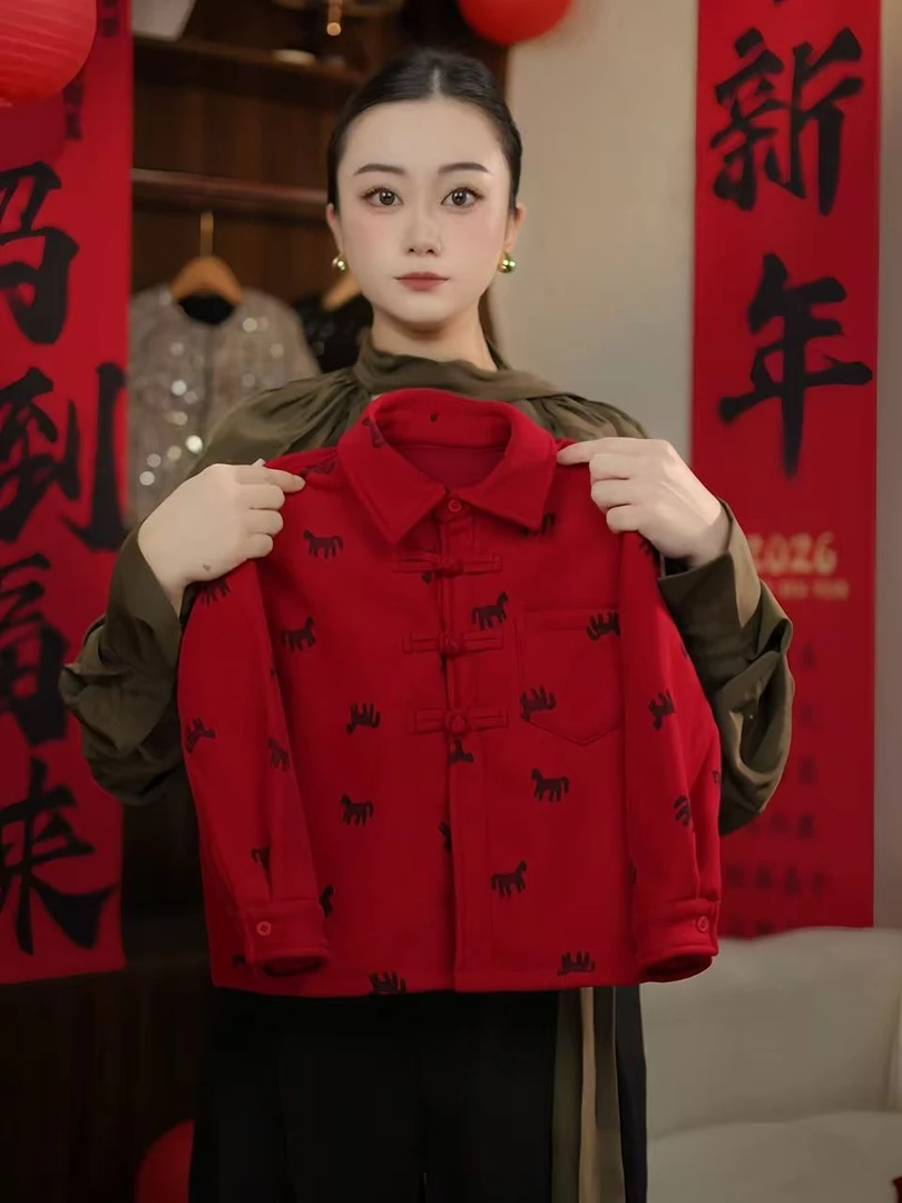 【千马送喜】2025冬季加绒黑色小马复古中式立领外套yL5169