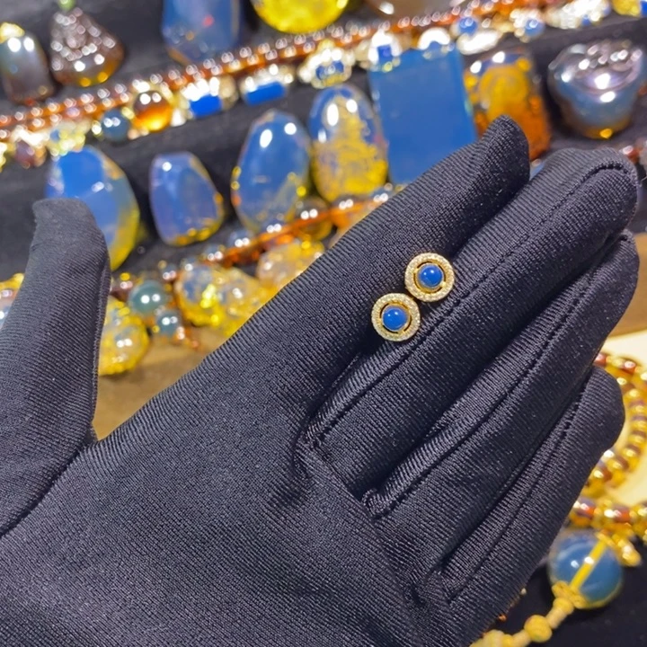 蓝珀银S925镶嵌珠宝奇石多米尼加蓝珀耳钉