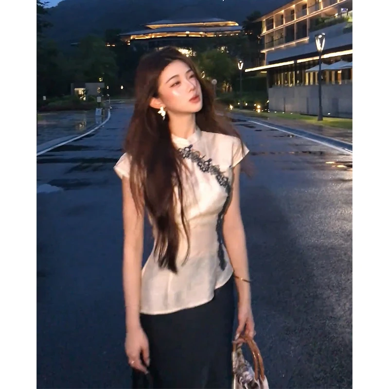 夏季新款女法式复古立领花边短袖修身上衣百搭高腰半身裙A2001#