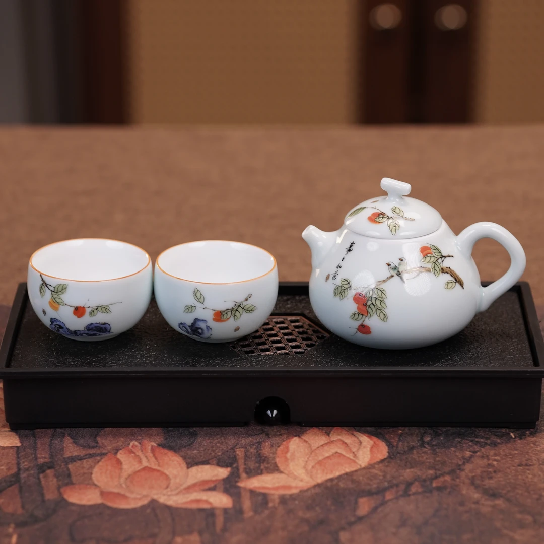 C422-柿柿如意一壶两杯+密胺茶盘套组家用功夫茶具套装陶瓷手工