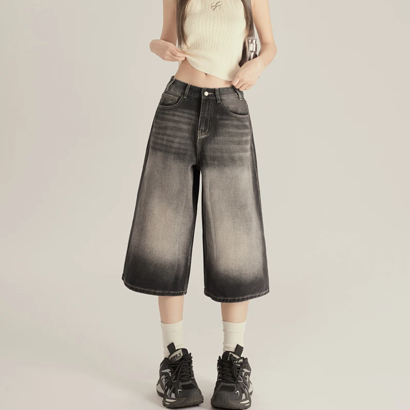 MJB 2025春季新款黑灰美式复古高腰阔腿七分裤宽松百搭直筒牛仔裤