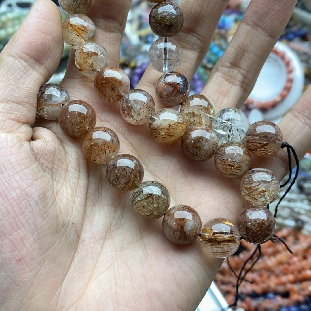 玛瑙/玉髓未镶嵌珠宝半成品两个天然12mm黑金超七水晶圆珠