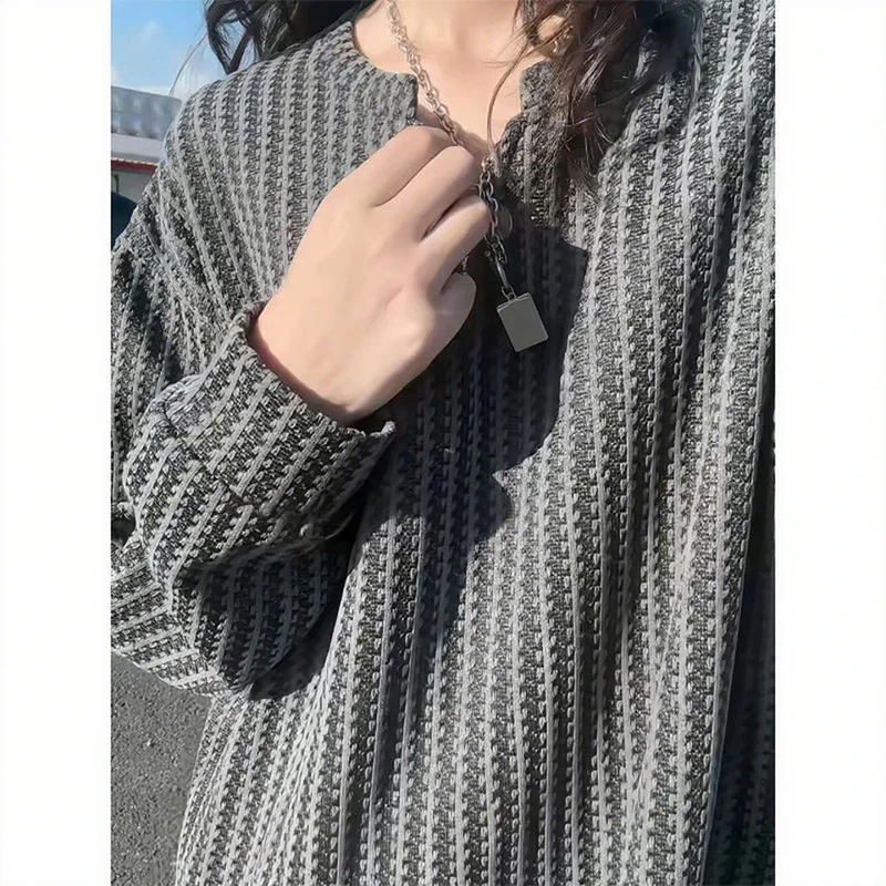 小香风干鸟格v领长袖t恤男款秋季cleanfit条纹打底衫情侣美式卫衣