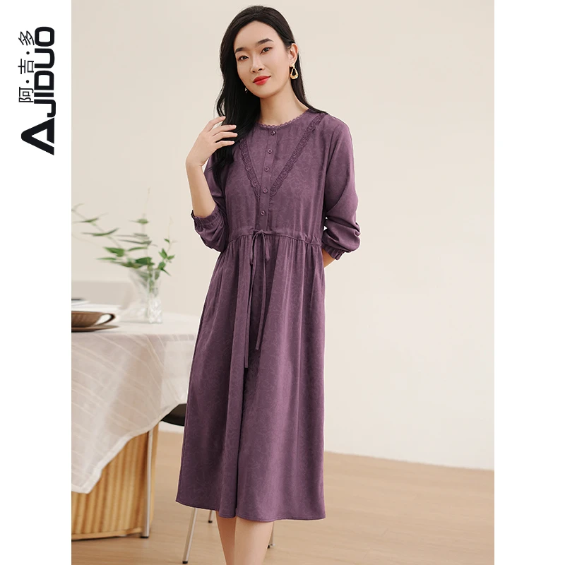 阿吉多紫色提花连衣裙女高端显瘦洋气收腰长裙春秋新款大码裙子