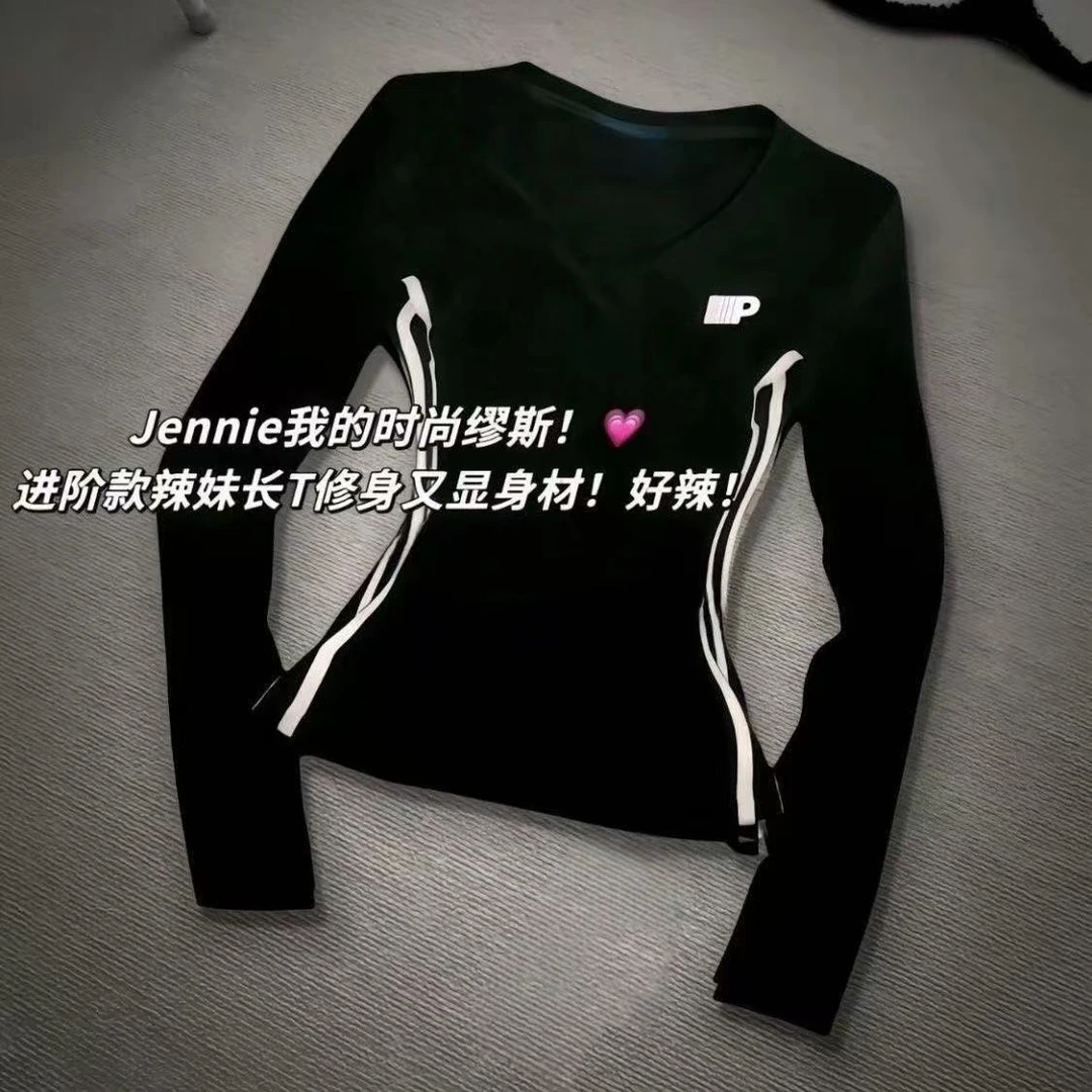 棉质大码胖MM显瘦美式收腰长袖秋冬穿搭V领显瘦辣妹修身bm上衣女