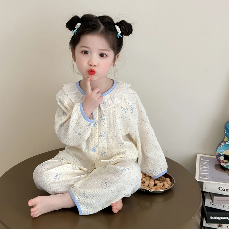 女童睡衣套装春秋2025新款儿童洋气女宝宝纯棉纱布开衫春装家居服