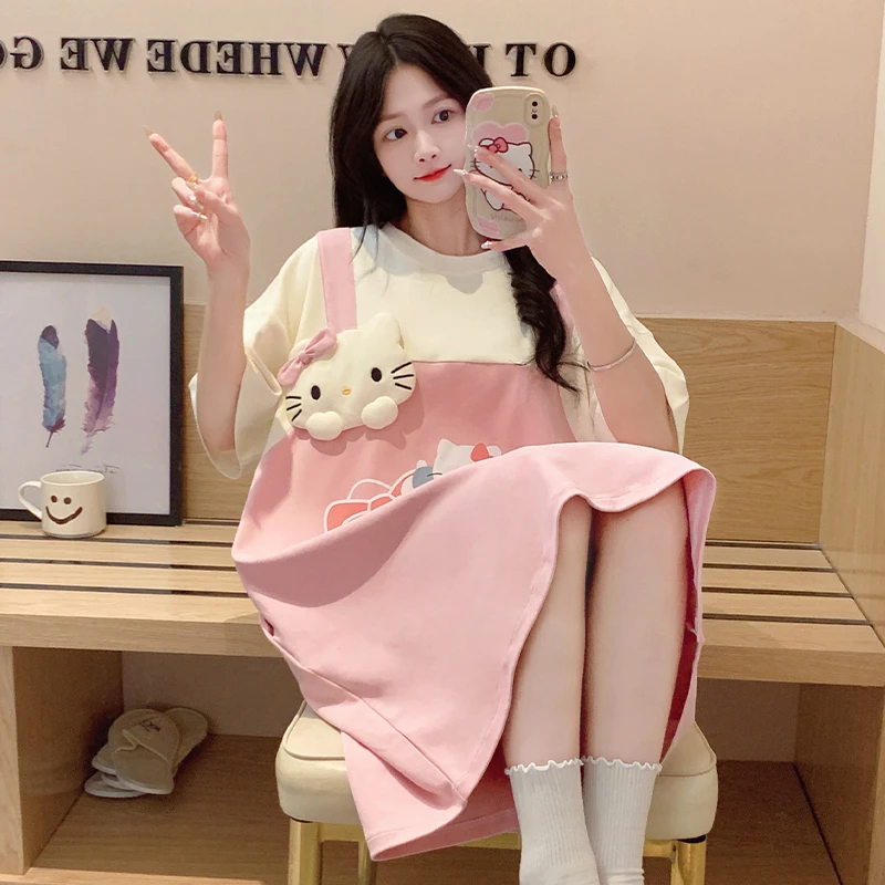 HelloKitty纯棉睡裙女款夏季甜美可爱少女中长款凯蒂猫睡衣家居服