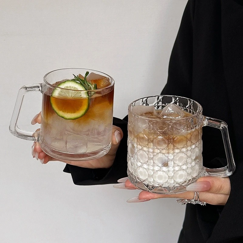 刻花带把玻璃杯家用创意高颜值女生透明喝水饮料冰咖啡杯马克杯子