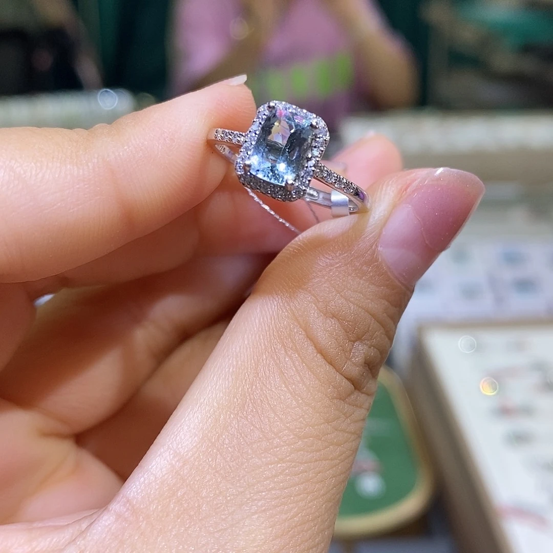 海蓝宝石戒指银S925镶嵌天然海蓝宝